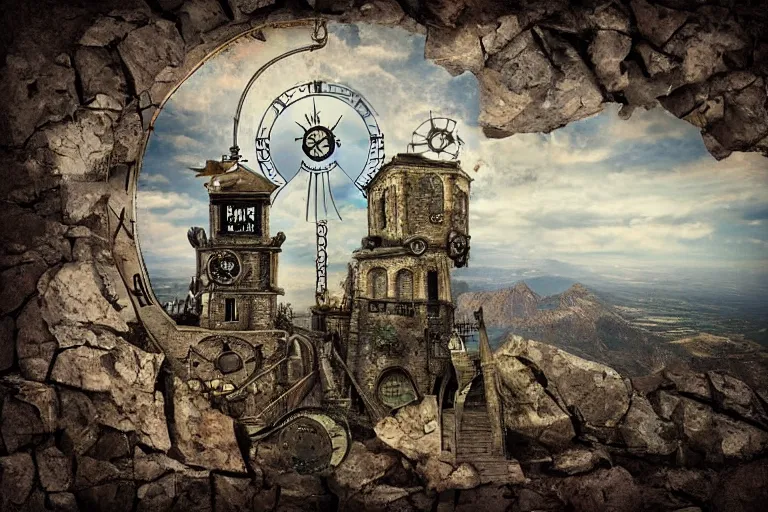 Image similar to the impossible clock tower on the top of a mountain, steampunk art, digital art, wide angle view