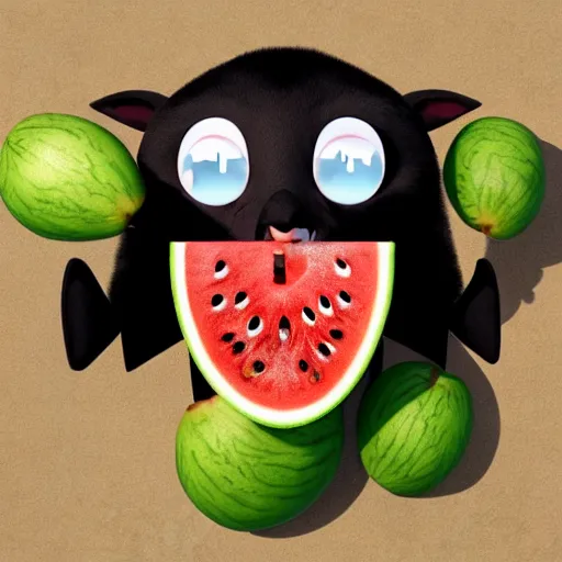 Prompt: cute kawaii realistic fruit bat eats a watermelon piece, digital art, vector illustration, shutterstock, high quality, illustration, art, detailed, 3 d render, sticker,