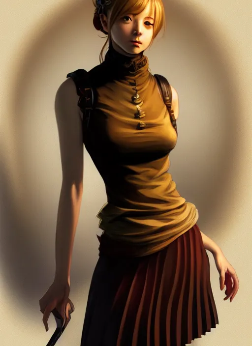 Image similar to portrait of a full body of beautiful young female detective, d & d, sleeveless turtleneck, pleated skirt, fantasy, flat lighting, intricate, highly detailed, digital painting, artstation, concept art, smooth, sharp focus, illustration, misa amane, art by simon bisley and greg rutkowski and alphonse mucha, natural tpose