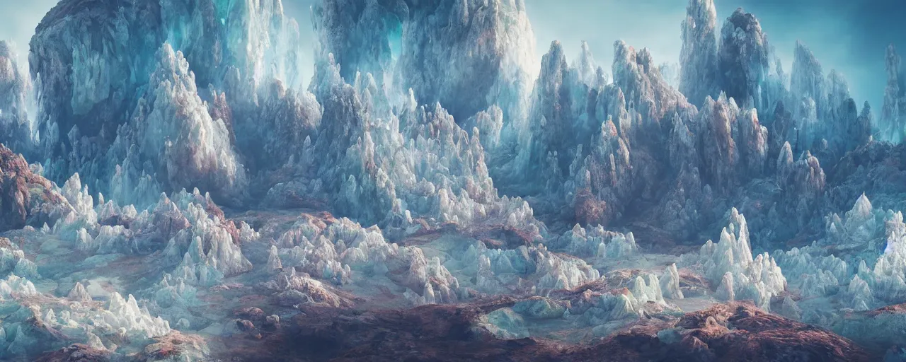 Image similar to ” otherwordly landscape with rystal formations and shiny gemstones, [ by wlop, colourful, cinematic, detailed, epic, widescreen, opening, establishing, mattepainting, photorealistic, realistic textures, octane render ] ”