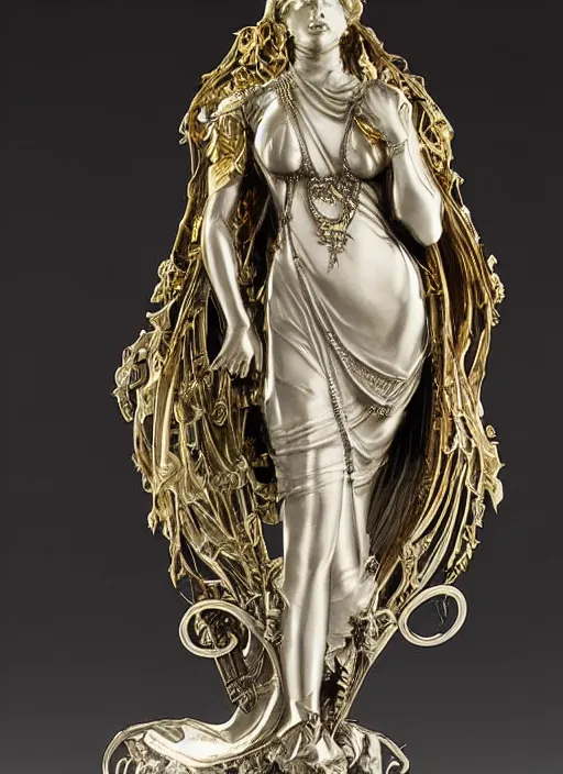 Prompt: Goth girl, fractal silver and gold sculpture by Alphonse Mucha