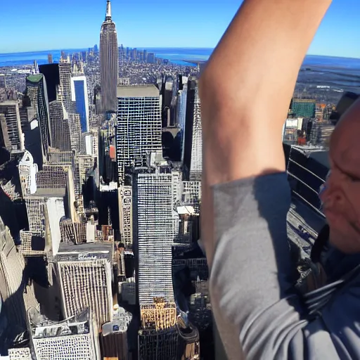 Prompt: large man climbing up empire state building