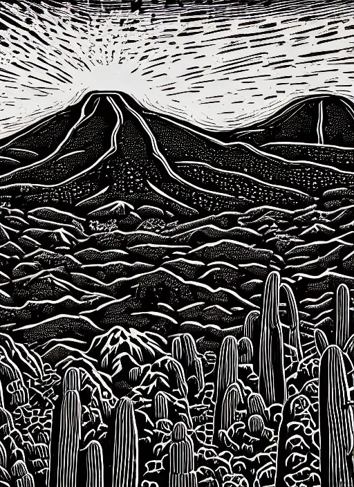 Prompt: art by linocut boy, a beautiful black ink linocut print of the cactus forest of baja mexico, winding dirt track, white paper, 8 k, frostbite 3 engine, cryengine, ground level shot, dof, trending on artstation, digital art, crepuscular ray