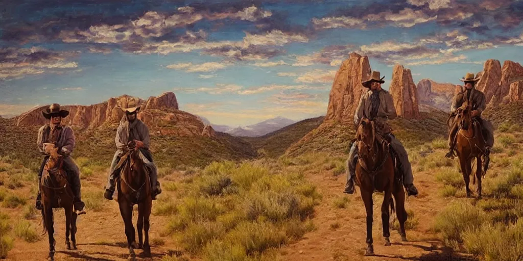 Prompt: in the old west, cowboys Kurt Russel and Dave Bautista on the old west mountain trail, in the style of an oil painting