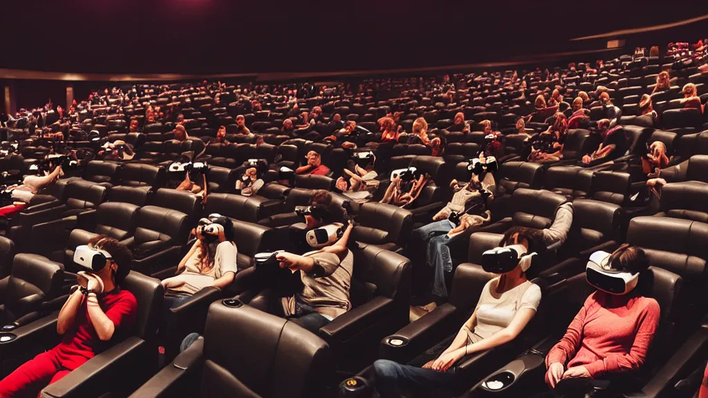 Prompt: people in a busy movie theatre, all wearing vr headsets with art direction by salvador dali, wide lens