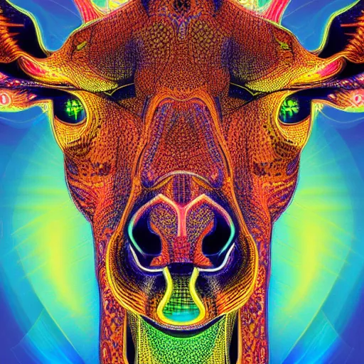 Prompt: a symmetrical neon portrait illustration of a giraffe trending on artstation 4 k intricate extremely detailed digital art by alex grey