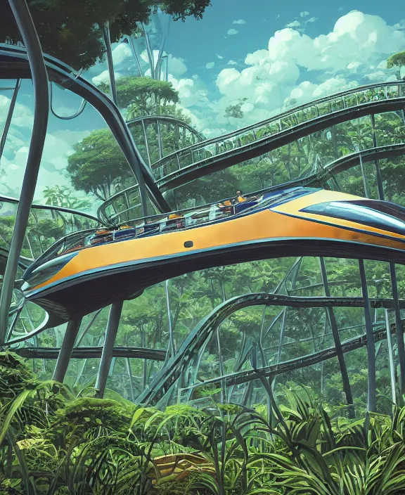 Image similar to simplicity, elegance, a roller coaster building made out of simple organic forms, in the style of a streamlined asymmetrical spaceship, overgrown with jungle, bleak apocalyptic environment, by dan mumford, yusuke murata, makoto shinkai, ross tran, cinematic, unreal engine, cel shaded, featured on artstation, pixiv