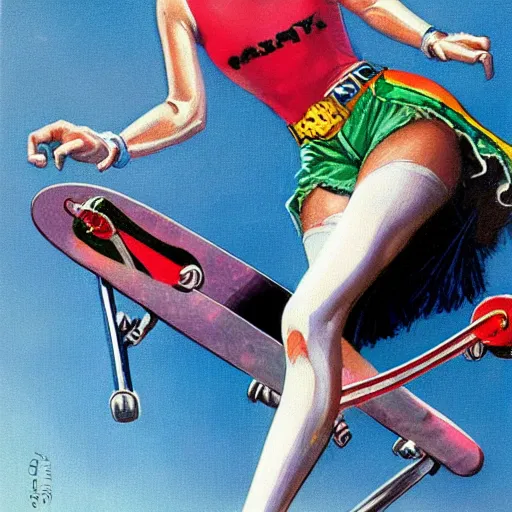 Image similar to Harley Queen as a skater, artwork by Earl Norem,