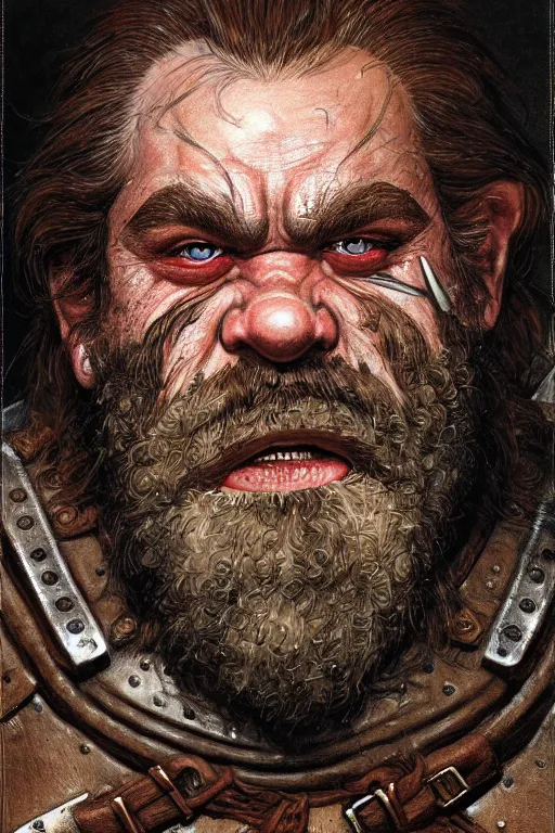 Image similar to head and shoulders portrait of a dwarf adventurer, scarred lip, grandfatherly, leather armor, male, high fantasy, d & d, by donato giancola, face details, extremely detailed, digital illustration