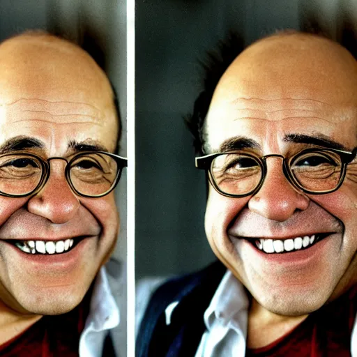 Image similar to Danny Devito smiling, photoshoot, 30mm, Taken with a Pentax1000, studio lighting