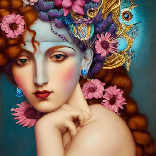 Prompt: centered composition, a painting of a blue skinned woman with hair of flowers and peacock plummage wearing ornate earrings, a surrealist painting by tom bagshaw and jacek yerga and tamara de lempicka and jesse king, featured on cgsociety, pop surrealism, surrealist, dramatic lighting, wiccan, pre - raphaelite, ornate gilded details