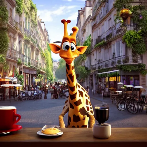 Image similar to a giraffe with big eyes looking for a cup of coffee in beautiful morning café in Paris. Pixar Disney 4K 3d render funny animation movie Oscar winning trending on ArtStation and Behance. Ratatouille style.