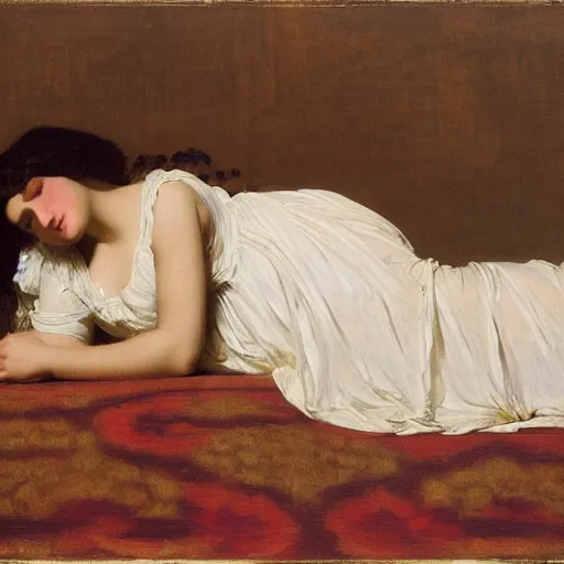 Prompt: a teenage girl lying on the floor, wearing a nightgown, by Frederic Leighton