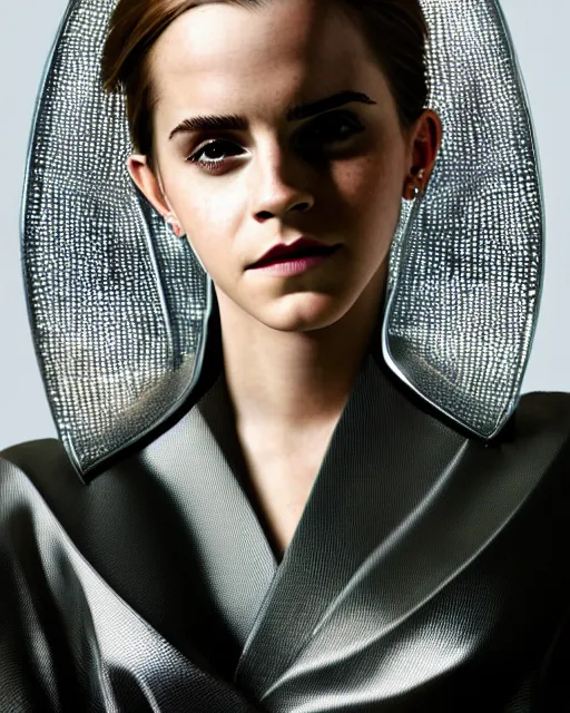 Prompt: emma watson wearing a futuristic metal kimono, half body portrait, greg kutkowski, sharp details, subsurface scattering, shiny skin, warm lighting