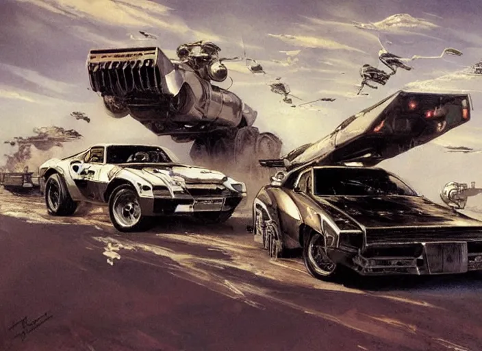Prompt: ( ( ( ( ( knight rider kitt, car concept art, sci - fi illustration, painting ) ) ) ) ) by vincent di fate and john berkey and mad max fury road!!!!!!!