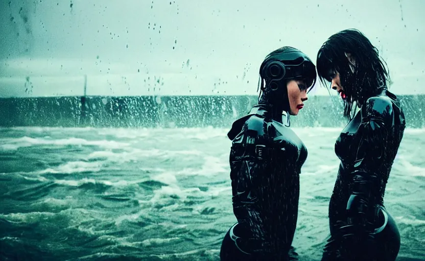 Image similar to cinestill 5 0 d candid action photographic portrait by quentin tarantino of two loving female androids wearing rugged black mesh techwear in treacherous waters, extreme closeup, modern cyberpunk retrofuturism moody emotional cinematic, pouring iridescent rain, 8 k, hd, high resolution, 3 5 mm, f / 3 2, motion blur, ultra realistic faces, ex machina