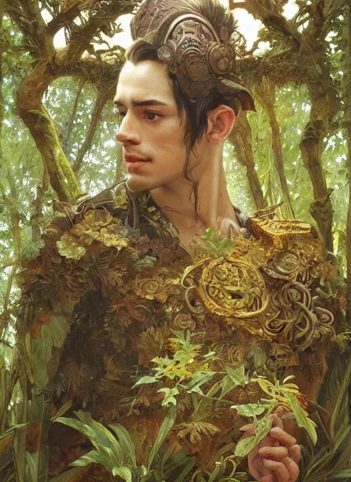 Image similar to intricate detailed portrait painting of a male warrior on a beautiful forest meadow, temple ruins surrounded by lush forest, afternoon, intricate, elegant, highly detailed, digital painting, sharp, focus, illustration art by artgerm and greg rutkowski and alphonse mucha