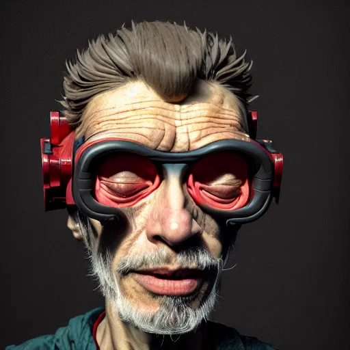 Image similar to Colour Caravaggio style Photography of 1000 years old man with highly detailed 1000 years old face wearing higly detailed cyberpunk VR Headset designed by Josan Gonzalez Many details. . In style of Josan Gonzalez and Mike Winkelmann andgreg rutkowski and alphonse muchaand Caspar David Friedrich and Stephen Hickman and James Gurney and Hiromasa Ogura. Rendered in Blender