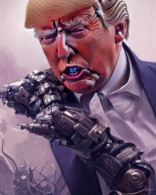 Prompt: donald trump as a cyborg, real life skin, intricate, elegant, highly detailed, artstation, concept art, smooth, sharp focus, art by artgerm and greg rutkowski and alphonse mucha