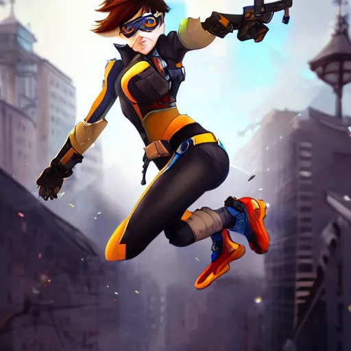 Prompt: Tracer from Overwatch, dressed as a ninja, jumping across rooftops, trending on artstation, highly detailed, 8k, art by artgerm.