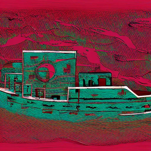 Image similar to an abandoned ship on the aral sea desert, in the style of daniel johnston and outsider art, 8 k, line brush, muted, overlaid with cyrillic words