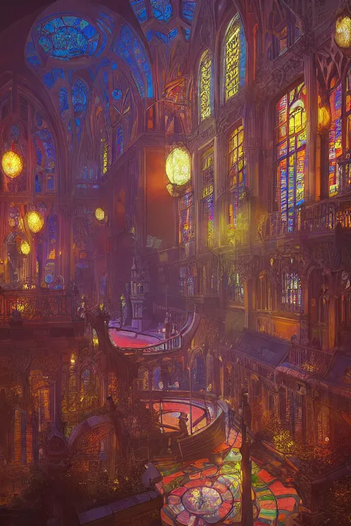 Prompt: cityscape made out of stained glass, photorealistic, unreal engine 5, art nouveau, bright colors, intricate, symmetrical, highly detailed, elegant, sun shining through, sharp focus, art by rembrandt, tom bagshaw, and quentin mabille, artstation