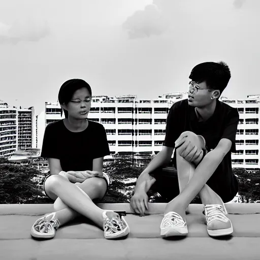 Image similar to solemn photo of two singaporean students sitting on the roof of a hdb flat, black and white, award winning, composition