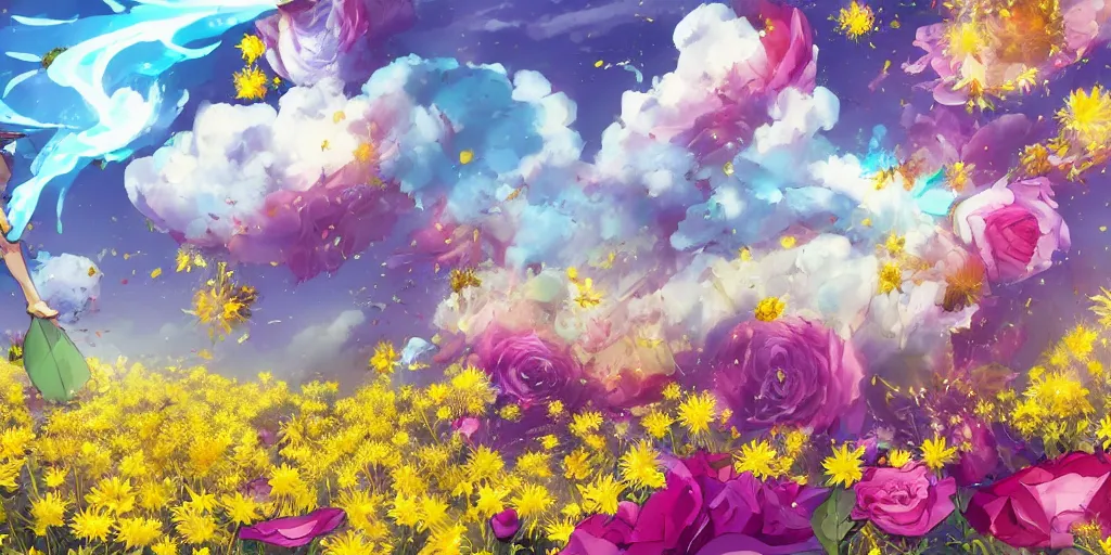 Prompt: background art of magic invisible blade slicing through a bouquet of yellow daisies, flowers exploding spraying and splattering, big puffy clouds, exploding roses, force waves, large rose petals, lotus petals, large polygonal background elements, large polygons, studio ghibli anime, radiant lighting, artgerm, manga, trending on artstation, art nouveau, mature colors