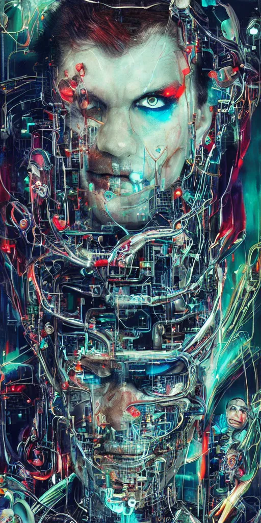 Prompt: portrait of computer & circuits, melting, joker, 8 k, by tristan eaton, stanley artgermm, tom bagshaw, greg rutkowski, carne griffiths, ayami kojima, beksinski, giger, trending on deviantart, face enhance, hyper detailed, minimalist, cybernetic, android, blade runner, full of colour, super detailed