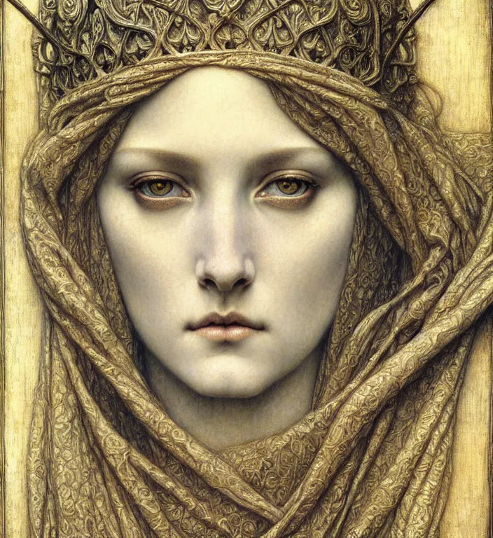 Image similar to detailed realistic beautiful young medieval queen face portrait by jean delville, gustave dore and marco mazzoni, art nouveau, symbolist, visionary, gothic, pre - raphaelite. horizontal symmetry