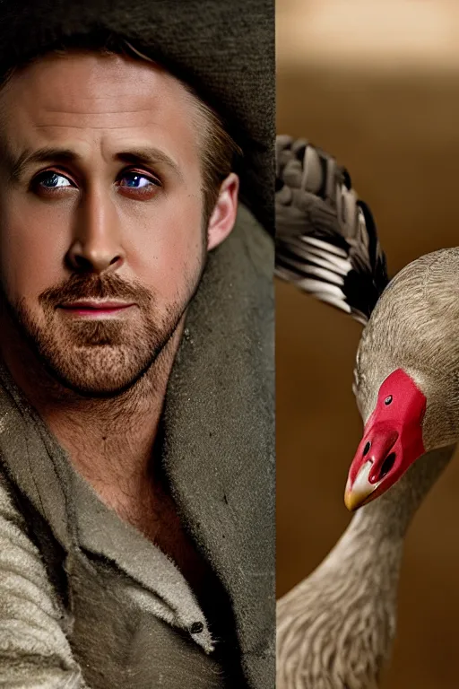 Image similar to ryan gosling fused with a goose, construction, natural light, bloom, detailed face, magazine, press, photo, steve mccurry, david lazar, canon, nikon, focus