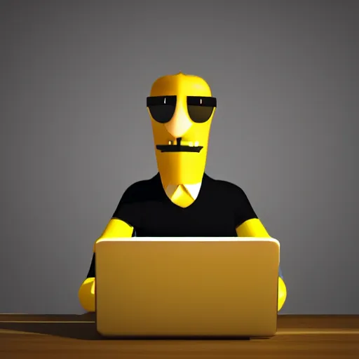 Image similar to anthropomorphic corn man typing on his laptop in a dark room