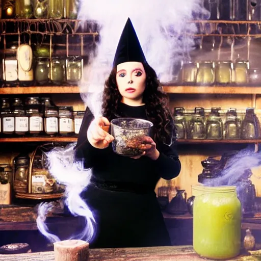 Image similar to black cat, teen witch mixing a spell in a cauldron, wispy smoke, witch hat, studio photography, green glowing smoke is coming out of the cauldron, ingredients on the table, apothecary shelves in the background, still from a nickelodeon show