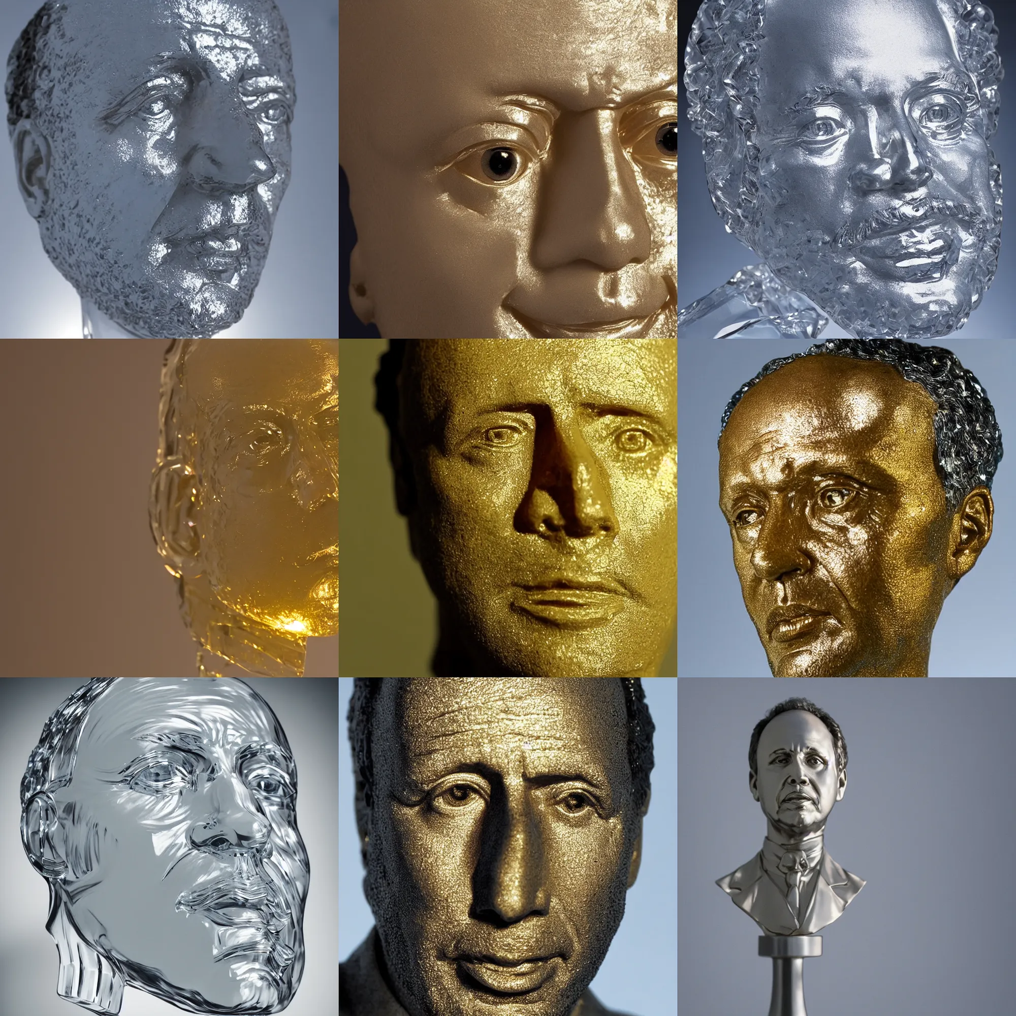 Prompt: bust made of translucent crystal made of billy crystal, golden hour, beautiful lighting, refraction, high detail photo, close up