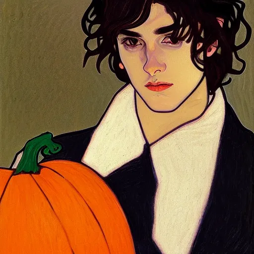 Image similar to painting of young cute handsome beautiful dark medium wavy hair man in his 2 0 s named shadow taehyung at the halloween pumpkin jack o'lantern party, depressed, melancholy, autumn, japan, elegant, clear, painting, stylized, delicate, soft facial features, delicate facial features, soft art, art by alphonse mucha, vincent van gogh, egon schiele