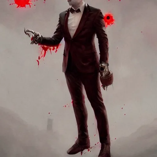 Image similar to portrait of elon musk upper body in bloody business suit, blood red eyes, vampire fangs, fantasy, intricate, elegant, highly detailed, digital painting, artstation, concept art, matte, sharp focus, illustration, art by aenaluck and roberto ferri and greg rutkowski, epic fantasy, digital painting