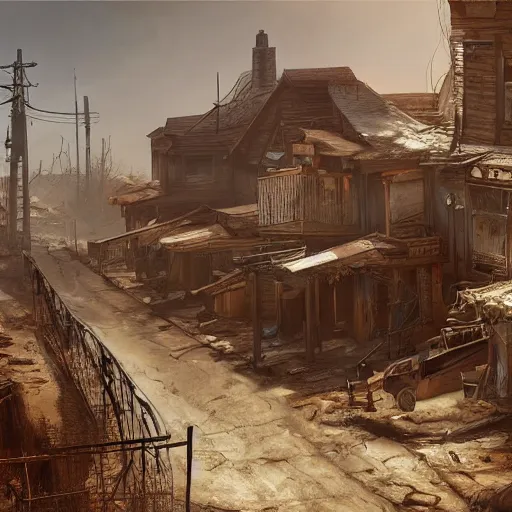 Image similar to painting of an old west town, ultra realistic, concept art, intricate details, eerie, highly detailed, fallout, wasteland, photorealistic, octane render, 8 k, unreal engine 5. art by artgerm and greg rutkowski and alphonse mucha