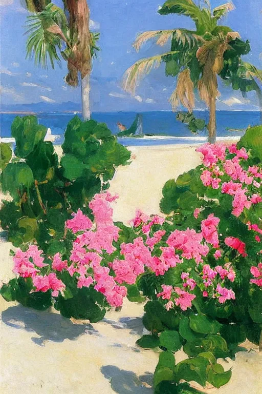 Image similar to beach, rose floating on the sea, a sun in the sky bougainvillea palms, painting by john singer sargent