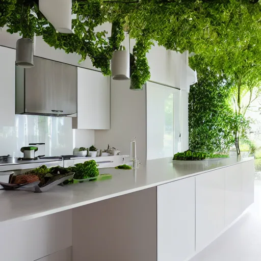 Prompt: a photograph of a contemporary kitchen, white with green accents, filled with plants and vines, wide angle, morning light,