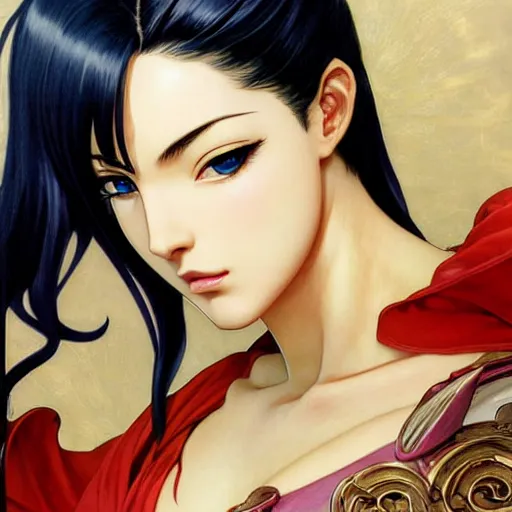 Image similar to intricately detailed vfx portrait of nico robin by eiichiro oda!, makoto shinkai, alphonse mucha, art by artgerm and greg rutkowski!, blue eyes!!, large aquiline nose!!, best of behance, concept art, matte, sharp focus, adolphe bouguereau, annie leibovitz, stanley kubrick,