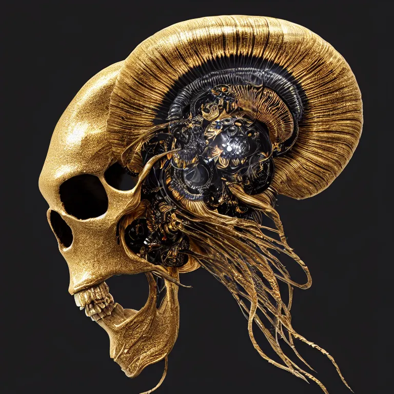 Image similar to black background. absolutely symmetrical sculpture. centered. goddess princess face close-up portrait ram skull. sculpture made of gold and black charcoal. jellyfish phoenix head, nautilus, orchid, skull, betta fish, bioluminiscent creatures, intricate artwork by Tooth Wu and wlop and beeple. octane render, trending on artstation, greg rutkowski very coherent symmetrical artwork. cinematic, hyper realism, high detail, octane render, 8k