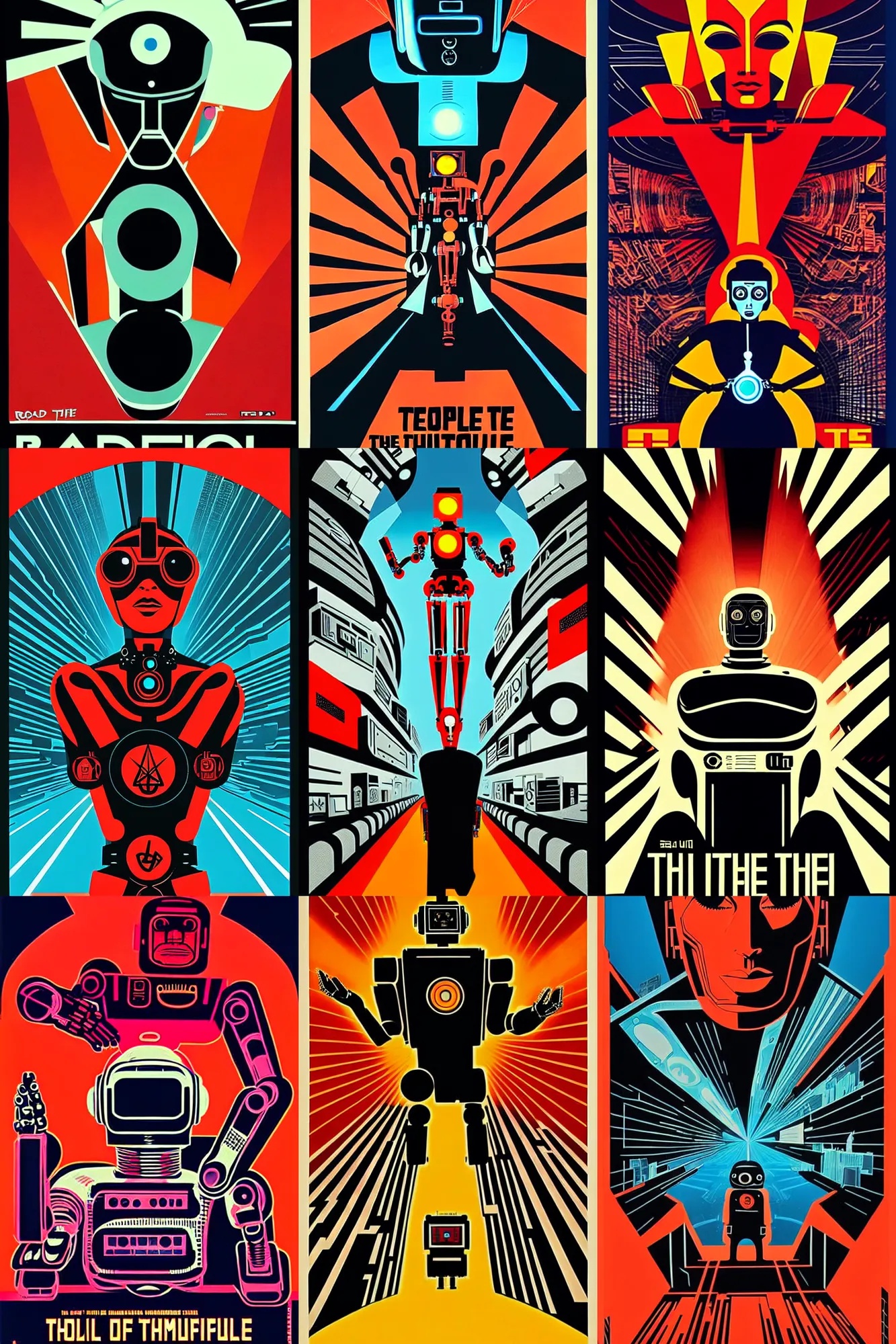 Prompt: road to the futuristic temple movie poster film by saul bass and shepard fairey and emma rios, cyborg cyberpunk robot