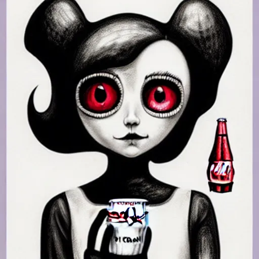 Image similar to charcoal drawing of the coke logo personified as a soda themed girl in the style of the lavender towne, large creepy eyes, extremely detailed and colorful eyes, digital art, deviant art, soda themed girl, hyper detailed eyes, money sign pupils, tim burton, scratchy lines, junji ito, gorrilaz, her forehead has the coke logo carved into it