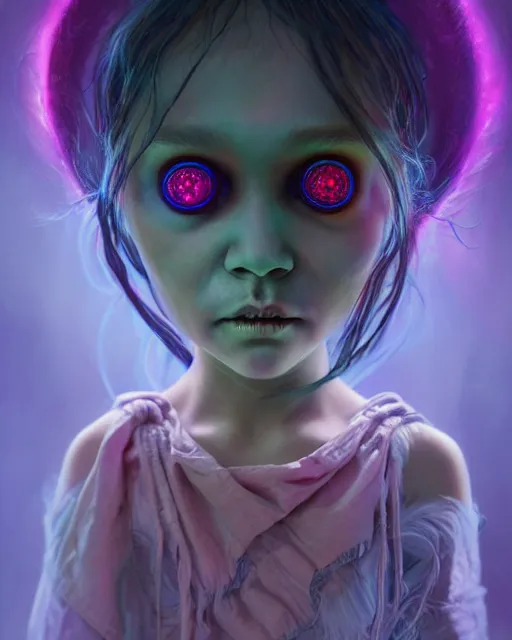 Image similar to one singular portrait of a bioluminescent spooky child doll with big glowing eyes, highly detailed, digital painting, cinematic, hyper realism, dark retrowave, art by Stanley Lau and Artgerm and magali villeneuve and Alphonse Mucha, artstation, octane render, cgsociety