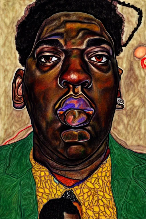 Image similar to a portrait of biggie small in style of egon schiele, masterpiece, hyperdetailed, complex, intricate, 4 k, trending on artstation