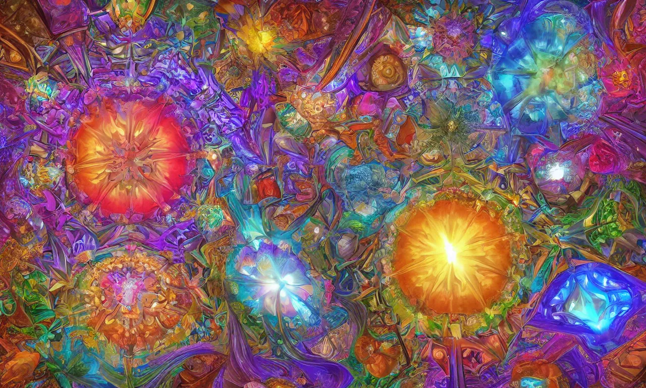 Image similar to voronoi engine laboratory 3 d volume kaleidoscope mandala fractal chakra digital multicolor stylized concept substance by artgerm, rossdraws, norman rockwell, magali villeneuve, gil elvgren, alberto vargas, earl moran, enoch bolles radiating a glowing aura global illumination ray tracing hdr