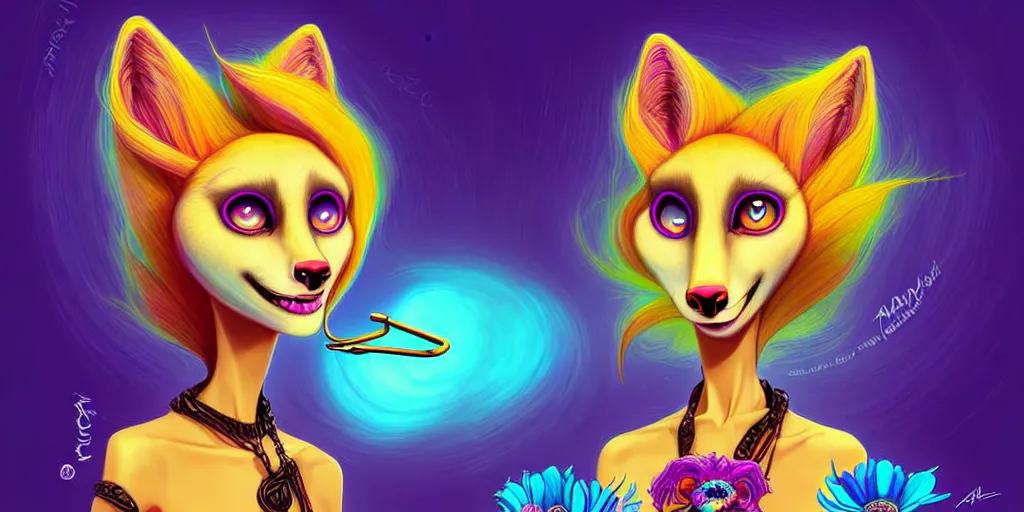 Image similar to curved perspective, extreme narrow, extreme fisheye, digital art of an hallucinogenic female embalmed marten animal wearing jewlery with blonde hairstyle with blue flower in hair by anton fadeev from nightmare before christmas