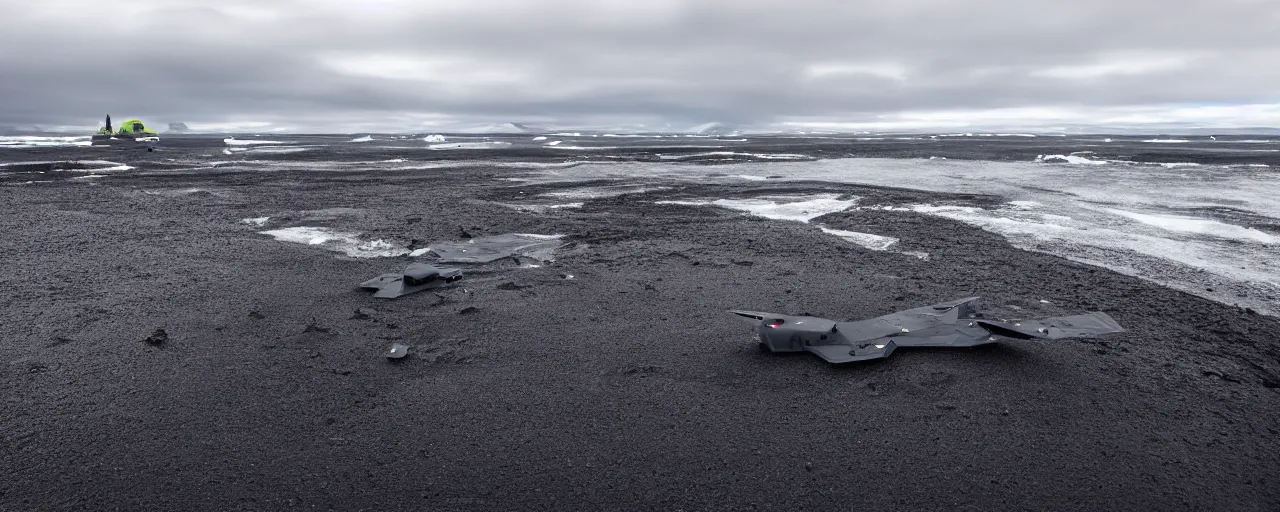 Image similar to low angle cinematic shot of giant futuristic military spacecraft in the middle of an endless black sand beach in iceland with icebergs in the distance,, 2 8 mm