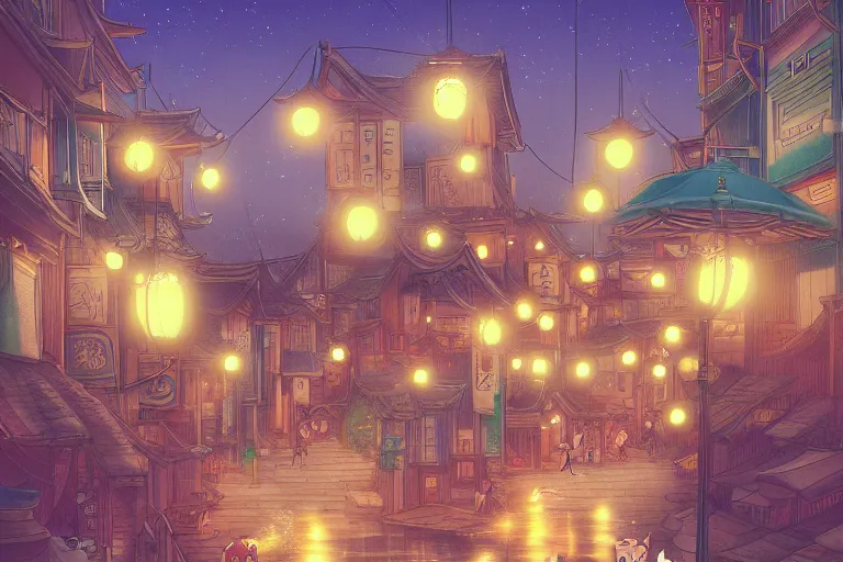 Prompt: fantasy art of glowing cute caracal swimming in the air, in the streets of a japanese town at night, with people watching in wonder, in the style of ponyo, highly detailed digital art, trending on artstation