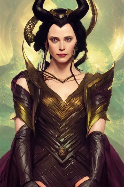 Prompt: portrait of lady loki, D&D, fantasy, highly detailed, digital painting, artstation, concept art, smooth, sharp focus, illustration, art by artgerm and greg rutkowski and alphonse mucha